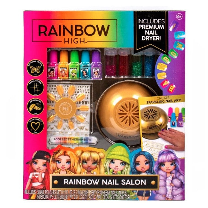 Rainbow High nail salon toy set with nail polishes, glitter, dryer, and doll figures.